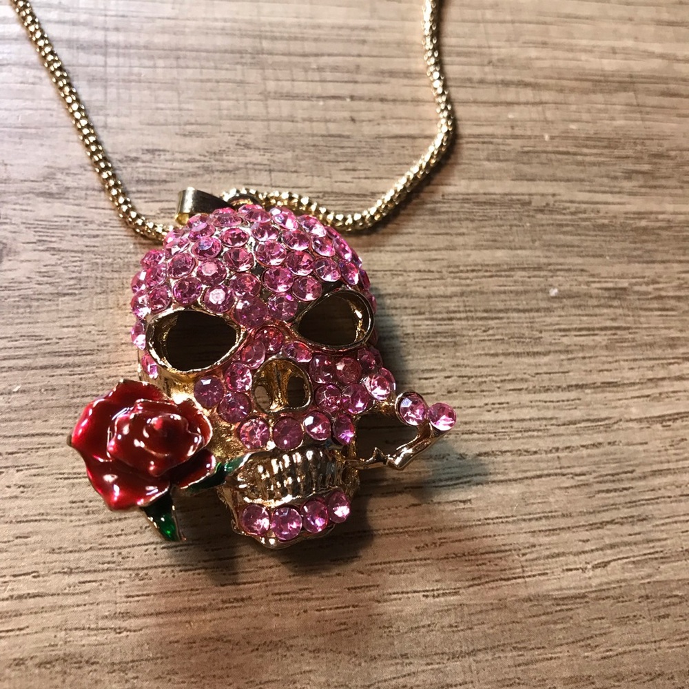 Betsy Johnson Gold Skull Pendant Necklace with Pink Crystals and Red Rose